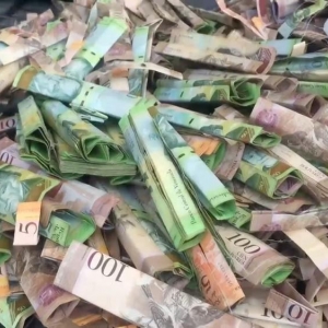 Até mil cédulas de bolívares são usadas para fazer bolsa por artesão (Foto: BBC)