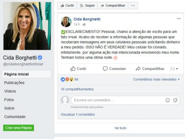 Celular da vice-governadora do Paraná foi clonado (Foto: Reprodução/Facebook)