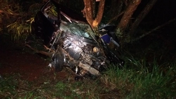 Motorista morre ao ser arremessado de carro em batida contra árvore na BR-369, em Ubiratã (Foto: Divulgação/PRF)