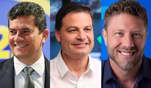 Os candidatos Sérgio Moro (PL), Sandro Alex (PSD) e Requião Filho (PDT) são testados em sondagem Paraná Pesquisas (crédito: divulgação/redes sociais)