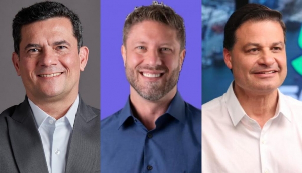 Sergio Moro (PL), Requião Filho (PDT) e Sandro Alex (PSD): na refa final das eleições , Paraná Pesquisas mede intenção de votos ao Governo do Paraná. (Crédito: redes sociais/divulgação)